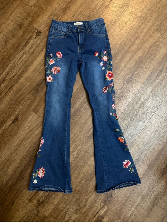 BAMBOO Denim - BAMBOO Dark Blue Embroidered Floral Flare Jeans